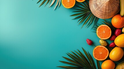 Vibrant arrangement of tropical fruits and palm leaves on a teal background, perfect for summer themes and healthy eating.