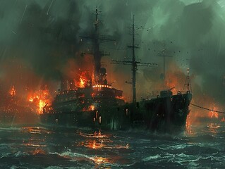 Burning Shipwreck in a Stormy Sea