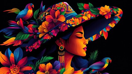 Vibrant portrait of a woman adorned with a floral hat, surrounded by colorful birds and exotic flowers, celebrating nature's beauty.