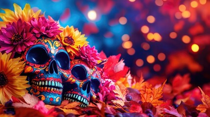 Vibrant sugar skulls adorned with colorful flowers and shimmering lights create a festive atmosphere for celebrations.