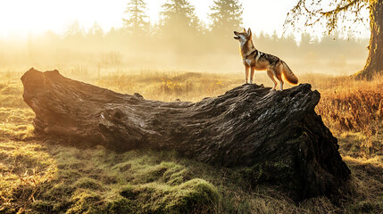 Guardian of the Golden Dawn: A majestic wolf stands sentinel atop a moss-covered log, its howl echoing through the misty forest as the sun rises. 