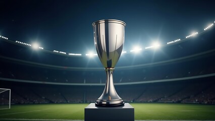 Sticker - A sleek silver trophy glowing under the stadium_