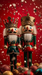 phone wallpaper, two wooden nutcracker dolls with flying red gold and green metallic confetti, chris