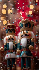 Phone wallpaper, two wooden nutcracker dolls with flying red gold and green metallic confetti, Christmas theme, red, green, and white colors