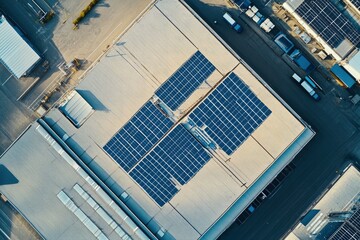 Wall Mural - Solar energy for factory and warehouse building. Solar panels on roof of industrial plant. Commercial solar power. Rooftop solar power. Rooftop renewable energy system. Sustainable green energy, ai