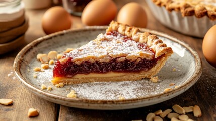 Wall Mural - a slice of bakewell tart on a rustic ceramic plate