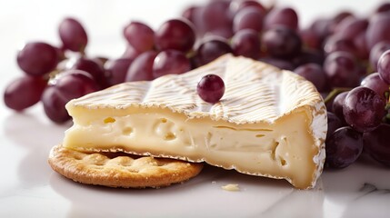 Sticker - A piece of Brie cheese or Camembert and crackers on the table with grapes