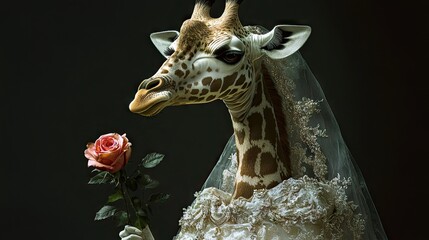 A lovely giraffe in an ornate wedding dress, holding a rose with charm and elegance, symbolizing love and Valentine's Day