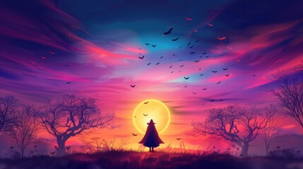 Wall Mural - Halloween Witch Silhouette Against a Sunset Sky with Bats and a Full Moon