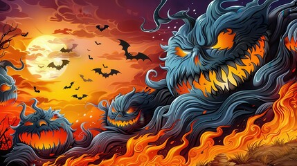 Wall Mural - Halloween Fire Demons with Bats and Full Moon