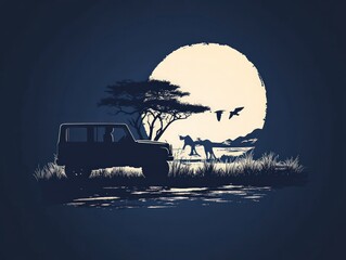 Silhouette of a jeep driving through the African savanna at night with a full moon, a tree, two animals and birds flying in the sky.