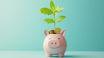 Poster - A plant growing from the slot of a pink hippo piggy bank with gold coins, set against a blue-green backdrop