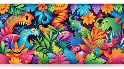 Sticker - Colorful Cartoon Monster Creatures in Lush Tropical Jungle Foliage