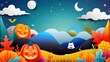 © bteeranan - Halloween Night Paper Cut Background with Pumpkins  Ghost and Moon