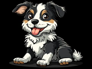 A cute cartoon puppy with black, white, and brown fur is sitting and smiling. The puppy has a pink nose and tongue sticking out.