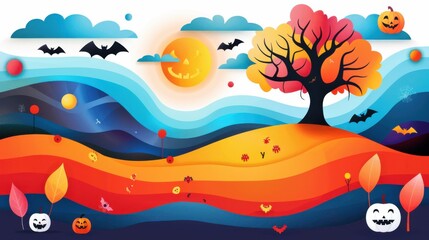 Wall Mural - Halloween Paper Cut Landscape With Pumpkins  Bats and Autumn Leaves