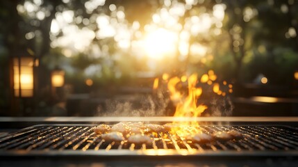 Close-up of a hibachi grill in a zen garden, with fresh seafood and vegetables cooking over the flames, surrounded by bamboo and stone lanterns, photorealistic style, golden hour lighting