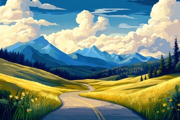 Wall Mural - Landscape with road and mountains beautiful background --ar 3:2 --v 6.1 Job ID: e92e3ebd-8897-48e3-b690-c148aa43b58f