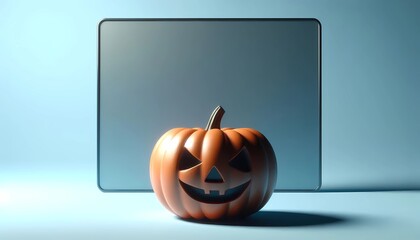 An unlit Halloween Jack O Lantern isolated on a widescreen pale blue background