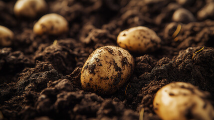 a detailed close-up of freshly dug potatoes still covered in dark, moist soil