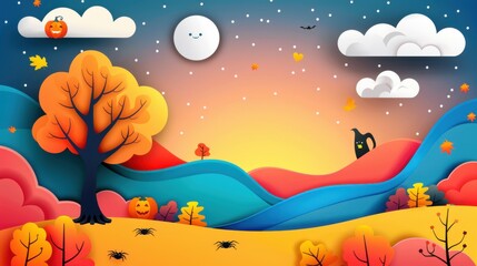 Wall Mural - Autumn Halloween Night with Moon  Paper Cutout Style