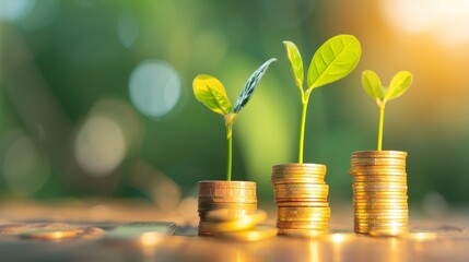 Growing Money, Green Plant Sprouting Through Stacks of Coins