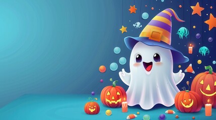 Wall Mural - Cute Ghost in Witch Hat for Halloween Party Invitation