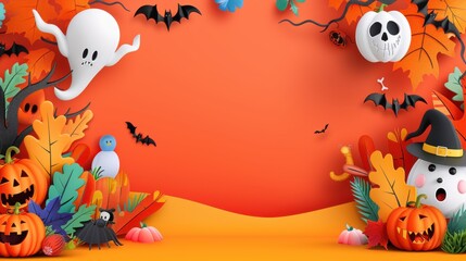 Wall Mural - Halloween Autumn Background with Ghosts  Bats  and Pumpkins