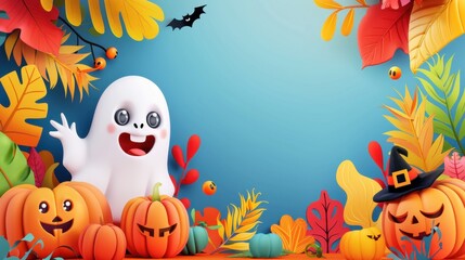 Wall Mural - Cute Halloween Ghost and Pumpkins with Blue Background