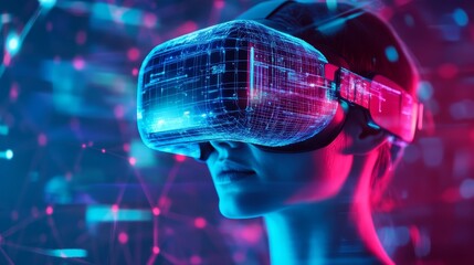 Woman Using Virtual Reality Headset with Neon Lights