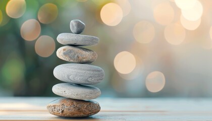 Wall Mural - Balanced Stones on Wooden Surface with Bokeh Background