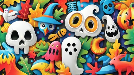 Wall Mural - Colorful Halloween Paper Cut Illustration with Ghosts  Skulls  and Pumpkins