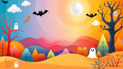 Wall Mural - Halloween Landscape with Ghosts  Bats  and Trees