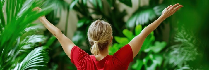 A person with arms raised stands in a lush, green environment, appearing to embrace nature and exhibit a joyous, freeing emotion amidst the vibrant foliage.