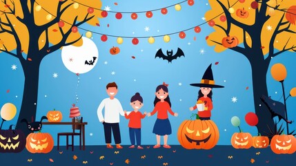 Wall Mural - Happy Halloween Family Celebration with Jack O Lanterns  Pumpkins  and Autumn Trees