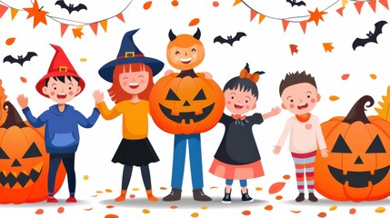 Wall Mural - Happy Kids in Halloween Costumes with Pumpkins