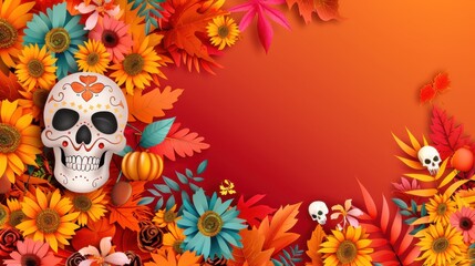 Sticker - Day of the Dead Skull with Autumn Leaves and Flowers