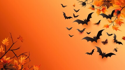 Wall Mural - Halloween Bats and Autumn Leaves on Orange Background