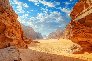 Wall Mural - Desert Landscape with Rock Formation during Afternoon in Jordan. Beautiful Outdoor Scenery of Wadi Rum with Sandy Surface, ai