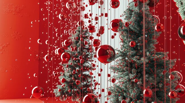 Red and white room with Christmas decorations on the wall.christmas background with space for copying