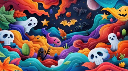 Wall Mural - Halloween Paper Cut Illustration with Ghosts  Bats  and Skulls