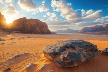 Wall Mural - Desert Landscape with Rock Formation during Afternoon in Jordan. Beautiful Outdoor Scenery of Wadi Rum with Sandy Surface , ai