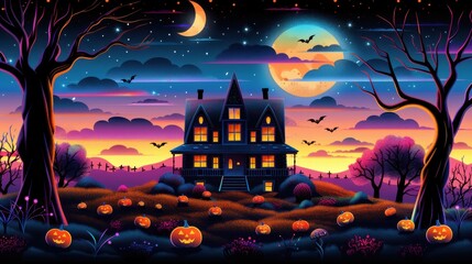 Wall Mural - Spooky Halloween Night with Haunted House  Full Moon  Bats and Jack o  Lanterns