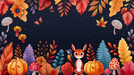 Wall Mural - Autumn Forest Illustration with Owl  Bird  and Pumpkins