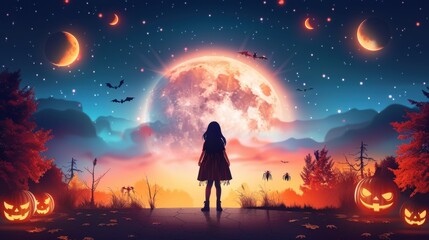 Wall Mural - Girl Gazing at Giant Full Moon on Halloween Night