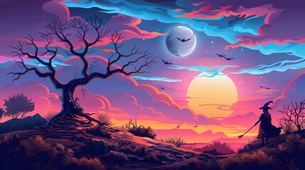 Wall Mural - Witch silhouette sunset moon clouds Halloween illustration