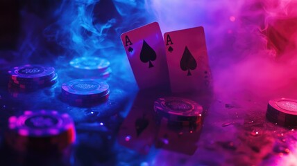 Two ace cards and poker chips in smoky, colorful lighting