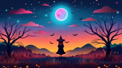 Wall Mural - Witch Under Full Moon Night Sky Halloween Illustration