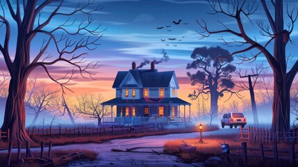 Wall Mural - Mysterious Halloween Farmhouse with Bats and Fog