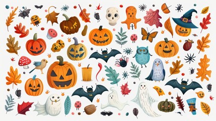 Wall Mural - Cute Halloween Pumpkin Patch Illustration With Bats  Owls  Ghosts  and Spiders